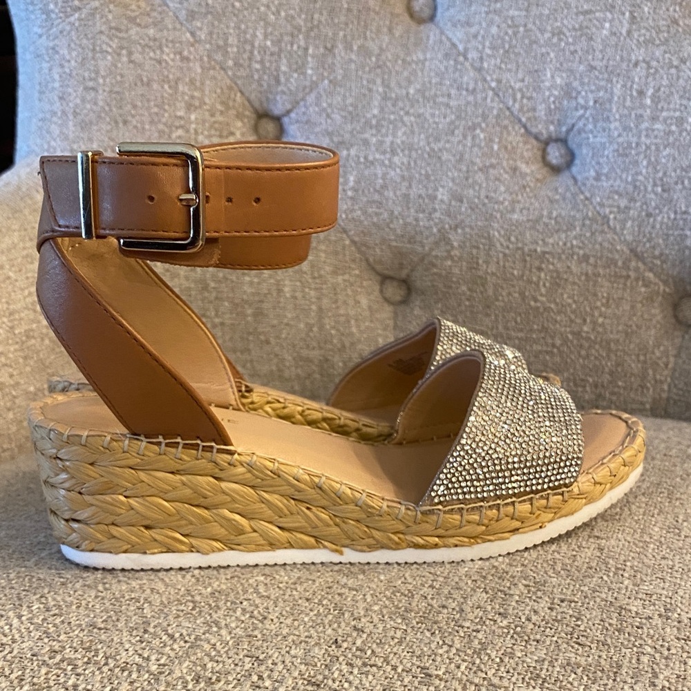 Alex Marie Rhinestone Espadrille Wedge Sandals Tan Ankle Strap Size 6.5M - Picture 14 of 15